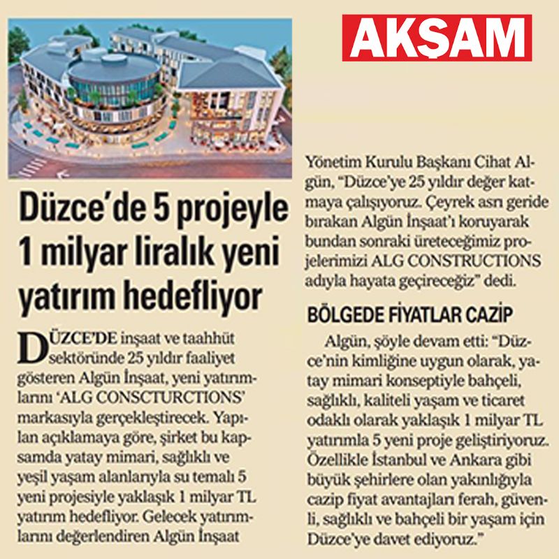 DÜZCE'DE 5 PROJEYLE 1 MİLYAR LİRALIK YENİ YATIRIM HEDEFLİYOR 