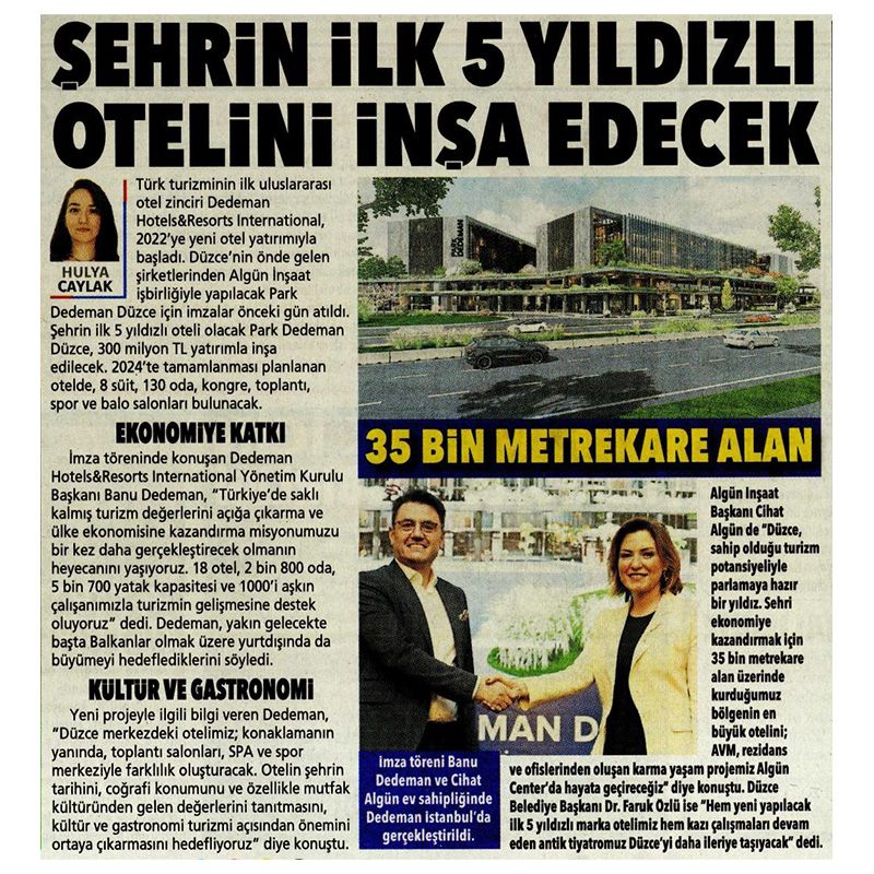 ŞEHRİN İLK 5 YILDIZLI OTELİNİ İNŞA EDECEK