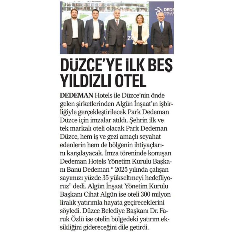 DÜZCEYE İLK BEŞ YILDIZLI OTEL