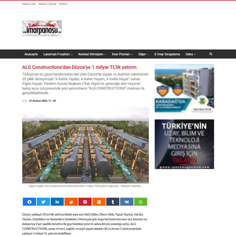 ALG Constructions’dan Düzce’ye 1 milyar TL’lik yatırım 