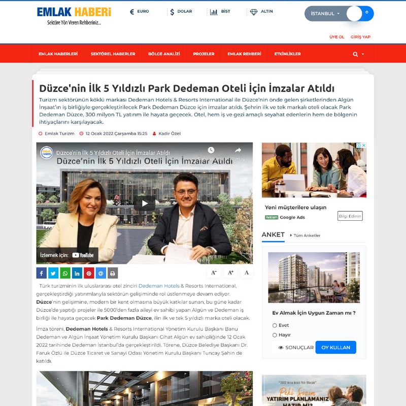 Düzce'nin İlk 5 Yıldızlı Park Dedeman Oteli İçin İmzalar Atıldı