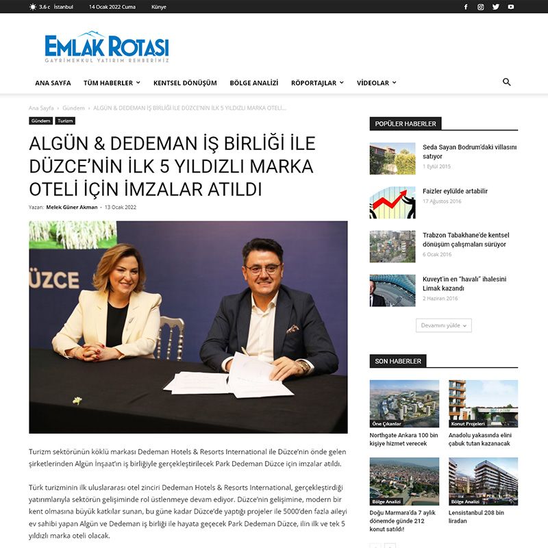 ALGÜN & DEDEMAN İŞ BİRLİĞİ İLE DÜZCE’NİN İLK 5 YILDIZLI MARKA OTELİ İÇİN İMZALAR ATILDI