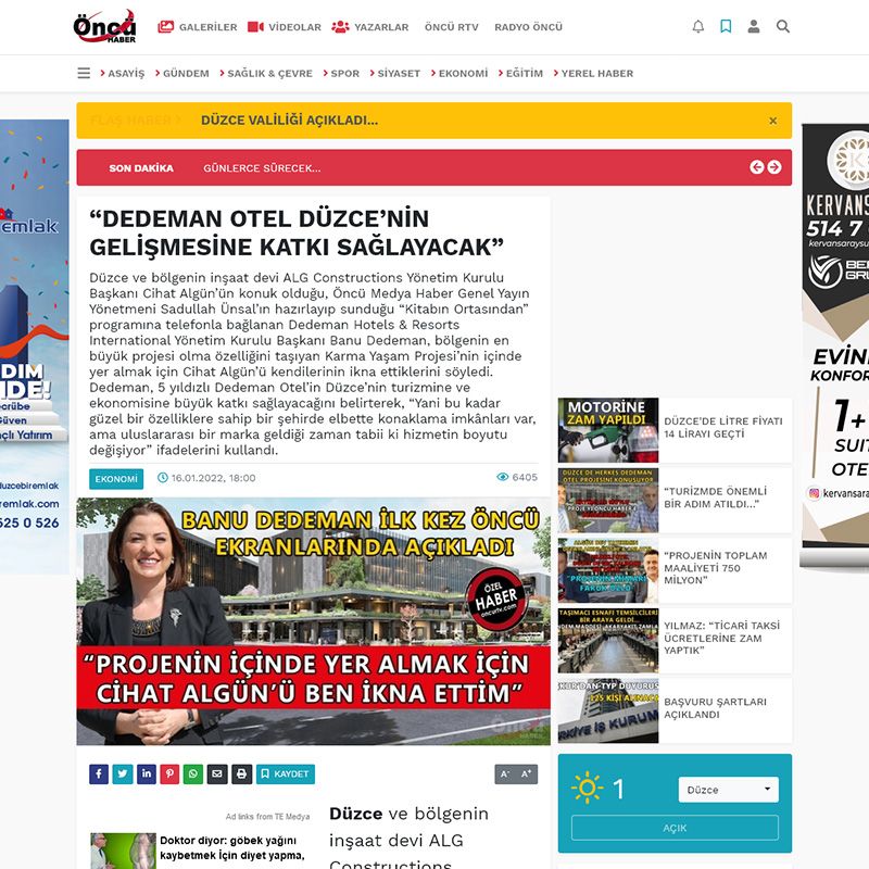 “DEDEMAN OTEL DÜZCE’NİN GELİŞMESİNE KATKI SAĞLAYACAK”