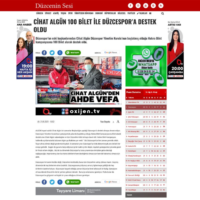 Cihat ALGÜN 100 Bilet İle Düzcespor'a Destek Oldu