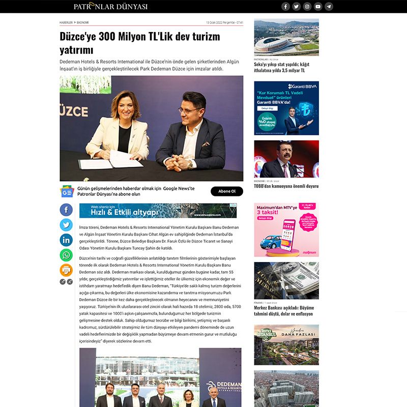 Düzce'ye 300 Milyon TL'Lik dev turizm yatırımı